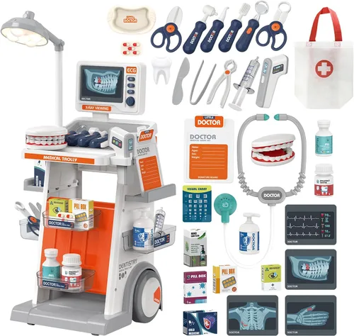 RedCrab Kit de Doctor para Niños, Juego de Doctores para Niños de 32 Piezas con Carrito Médico, Estetoscopio, Termómetro y Jeringa, Juguete de Juego