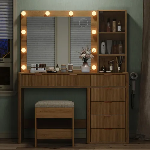 Miniatura 9 de Yanosaku Tocador estriado de 47 pulgadas con espejo y luces LED, tocador de maquillaje de 7 cajones con superficie de vidrio y gabinete, tocador