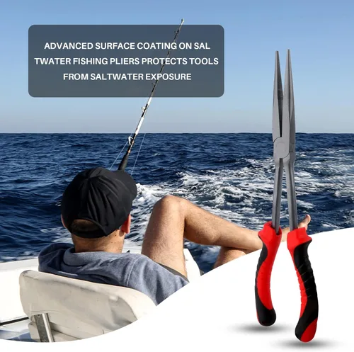 Miniatura 5 de Hikary Alicates de pesca de nariz larga, cortador de trenzas de acero inoxidable, pinza de pesca multiherramienta para agua dulce y salada Rojo-11