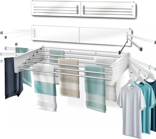 MODERN-X Escurridor de ropa montado en la pared con 6 brazos giratorios, 35 pulgadas de ancho, 26 pies lineales de espacio de secado de lavandería,