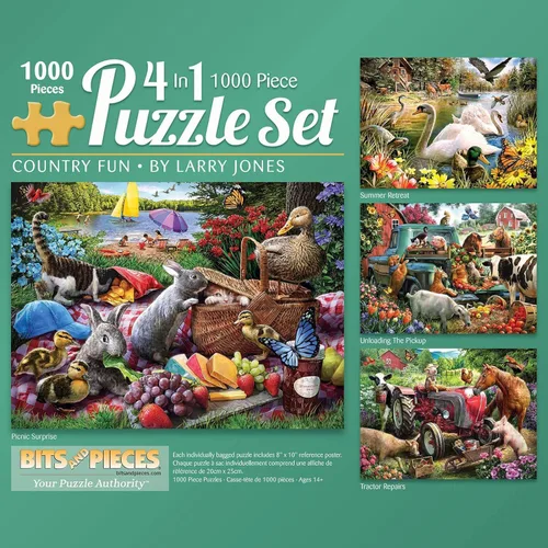 Bits and Pieces Rompecabezas 4 en 1 de 1000 piezas para adultos – Diversión campestre por el artista Larry Jones, tamaño del rompecabezas