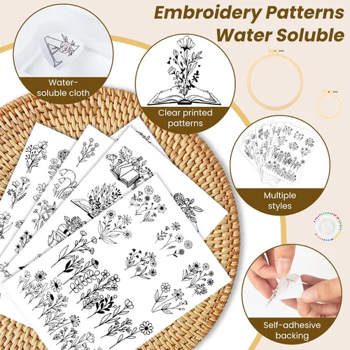 Miniatura 3 de Patrones de bordado solubles en agua, 8 hojas, 116 piezas, patrones de bordado de palo y puntada con alfabeto preimpreso y hojas de flores y aro