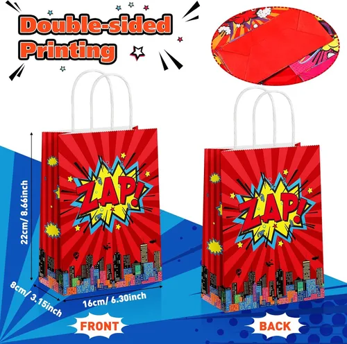 Miniatura 2 de Pajean 36 bolsas de regalo de fiesta de héroe de cómic, papel de estraza de héroe de cómic, bolsas de regalo con asa temática de boom suministros