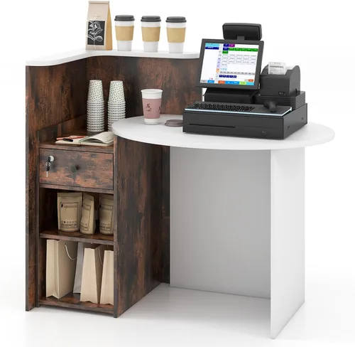 Miniatura 11 de Giantex Escritorio de recepción, mostrador delantero con cajón con cerradura, mesa de pago con mesa redonda, estante de esquina y estante ajustable