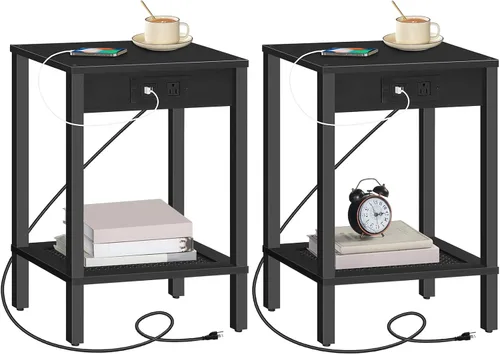 Miniatura 9 de HOOBRO Mesa auxiliar con estación de carga, mesa auxiliar con puertos USB y tomacorriente, mesita de noche con estante de almacenamiento de 2 Negro