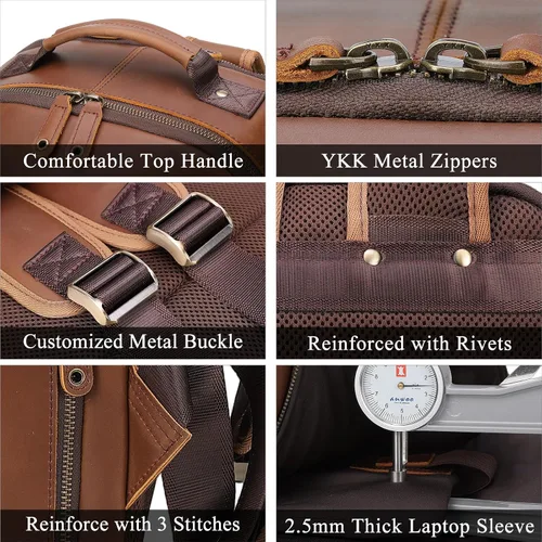 Miniatura 7 de TIDING Mochila de cuero para hombre para laptop de 16 pulgadas y 15.6 pulgadas, bolsa de trabajo vintage de viaje de negocios, mochila grande
