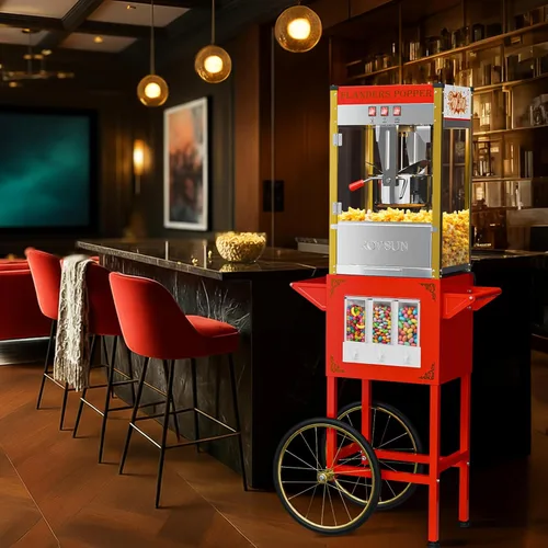 Miniatura 8 de Máquina de palomitas de maíz ROVSUN con carrito, ruedas y hervidor de 10 onzas que hace hasta 4 galones, máquina de palomitas con dispensadores