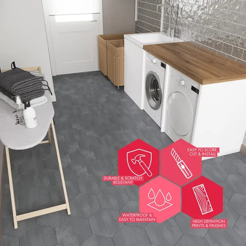 Miniatura 2 de Lucida Surfaces BaseCore HEX - Suelo hexagonal de vinilo gris, 5.75 pulgadas, autoadhesivo, texturizado, moderno, azulejos de despegar y pegar