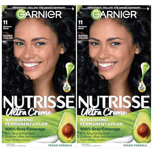 Garnier Nutrisse - Tinte permanente en crema nutritiva para el cabello, 11 negro más negro (Peppercorn), 2 unidades (el empaque puede variar)
