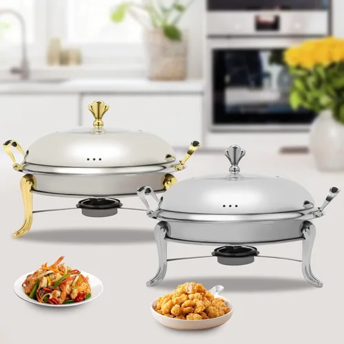 Miniatura 9 de Plato redondo para rozar, de acero inoxidable, para bufé, 2.5 L, calentadores de bufé con soporte de combustible (9.4 in dorado)