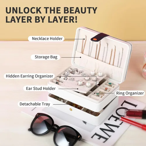 Miniatura 3 de coobest Joyero, organizador de joyas de 2 capas con organizador de aretes de terciopelo, organizador de joyas de viaje, pequeñas cajas de joyería