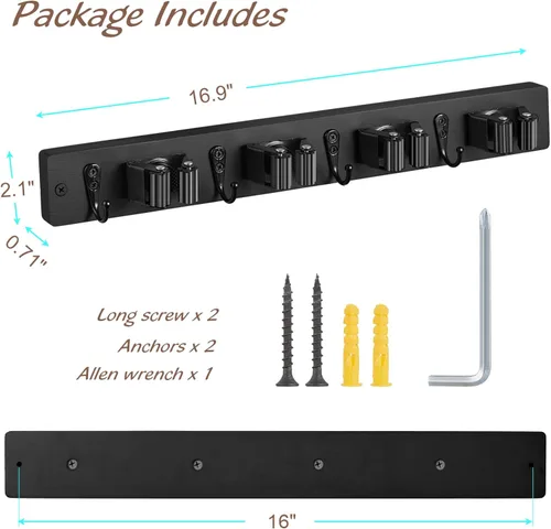 Miniatura 6 de OUTNILI Soporte de Pared Negro para Escoba y Trapeador con 4 Ranuras y 4 Ganchos - Colgador de Escoba y Trapeador de Madera Rústica para Despensa