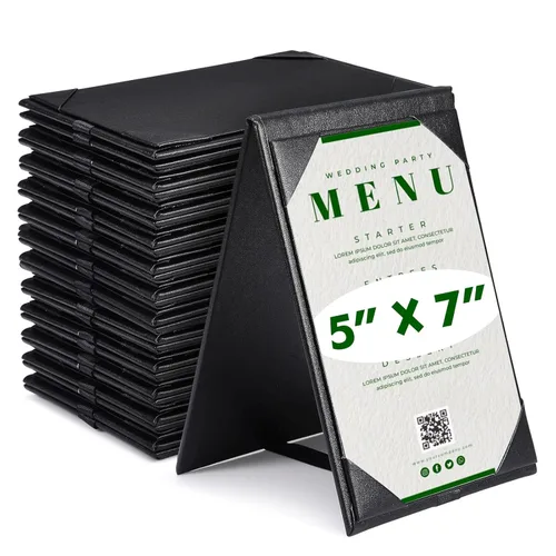 Paquete de 9 carpas de mesa de cuero sintético negro, fundas de menú de piel sintética a granel a granel de doble cara con marco en A, 2 carpetas 2