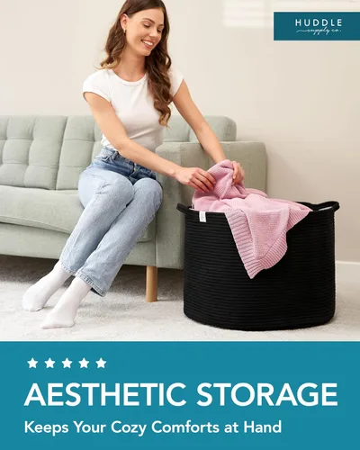 Miniatura 2 de XXXXL LAVABLE Cesta Grande Negra para Mantas Cesta para Sala de Estar 2 Piezas Cestas de Juguetes Almacenamiento Niños de Cuerda Tejida XXX Cesta