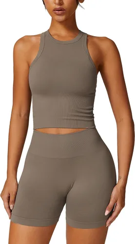 Miniatura 35 de Conjuntos de entrenamiento para mujer, 2 piezas, sin costuras, acanalada, sin mangas, brasier deportivo, cintura alta, pantalones cortos