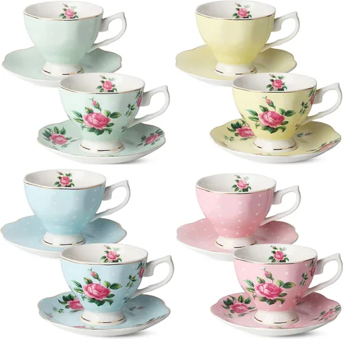 BTAT - Juego de 8 tazas de té y platillos florales (8 onzas), juegos de tazas de té de porcelana, colores surtidos con ribete dorado y caja de