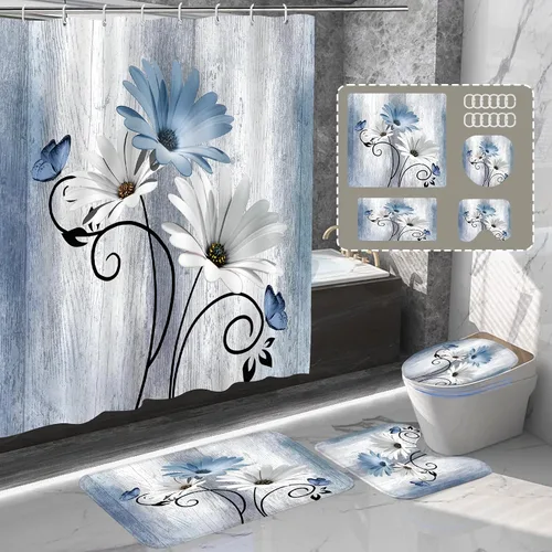 Miniatura 7 de Onalasyc Juego de 4 Piezas de Cortinas de Ducha con Flores de Margaritas Azules y Plantas, Cortina de Ducha y Alfombra y Accesorios, Juego