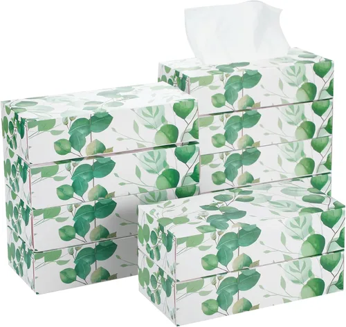Thenshop Paquete de 12 cajas de pañuelos faciales suaves a granel, caja de 2 capas, hojas de eucalipto verdes, cajas de pañuelos faciales lisas,