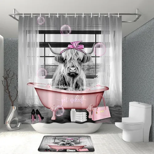 Miniatura 2 de Juego de 2 cortinas de ducha para baño, diseño de vaca de las tierras altas, color rosa, divertido y lindo animal para tina, bolsa de tacón alto
