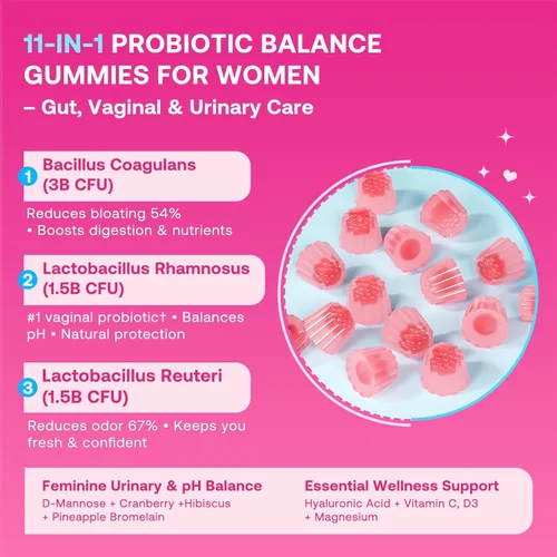Miniatura 5 de Gomitas de equilibrio femenino para mujer, gomitas de equilibrio de pH prémium con probióticos para el equilibrio de la flora vaginal, suplemento