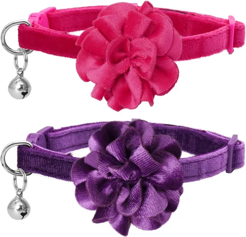 Miniatura 10 de azuza Paquete de 2 collares de gato floral con campana y corbatín de flores extraíble, ajustable, tela de terciopelo para mascotas, decoración