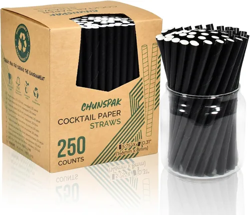 Pajitas de papel negro cortas de 5.75 pulgadas de ancho y 0.315 in de ancho, desechables para vasos de bajo bola, cócteles mezclados, margaritas,