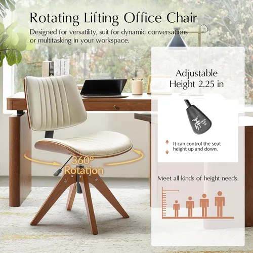 Miniatura 3 de HULALA HOME Silla de oficina en casa de piel sintética con patas de madera maciza, silla de escritorio giratoria de 360°, sin ruedas con diseño
