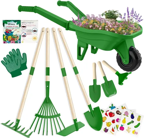 Miniatura 8 de Qtioucp - Juego de herramientas de jardinería para niños, juguetes al aire libre, juego de patio trasero con carretilla, juguetes educativos STEM