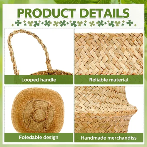 Miniatura 4 de Qunclay 4 Cestas Tejidas de Hierba Marina Belly Basket Plegable Boho Natural Maceta con Asas Redonda Decorativa de Mimbre Grande para Interiores