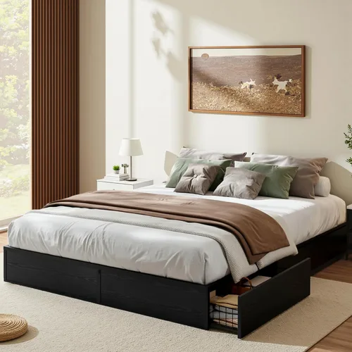 Allewie Marco de cama de metal de tamaño matrimonial con 2 cajones de almacenamiento, marco de acero resistente con paneles de madera de fibropanel