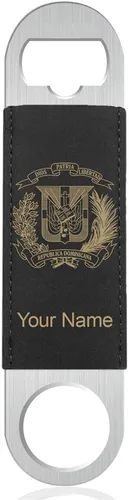LaserGram Abrebotellas, escudo de armas República Dominicana, grabado personalizado incluido (cuero sintético, negro y dorado)
