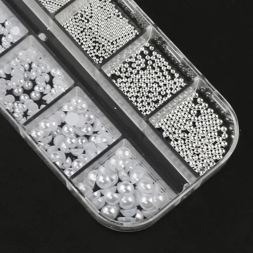 Miniatura 8 de 1 caja/12 rejillas para arte de uñas, perlas blancas para uñas, cuentas de perlas semicirculares, pequeñas cuentas de acero inoxidable, cuentas