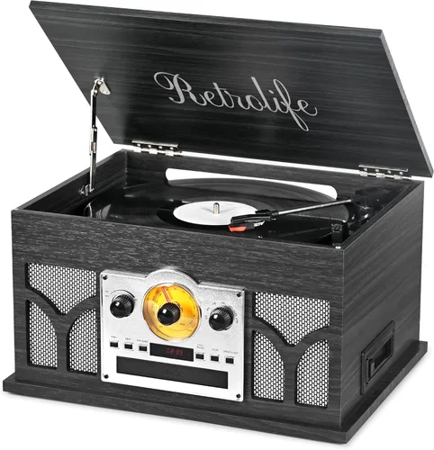 Tocadiscos 10 en 1 con altavoces incorporados, reproducción inalámbrica, reproductor de CD y cassette, reproductor USB, radio AM/FM, tocadiscos de 3