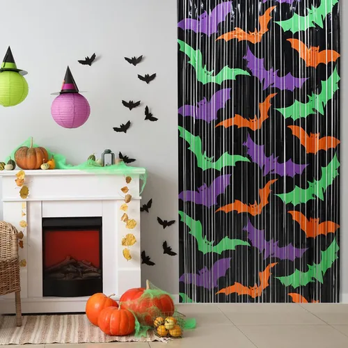Miniatura 3 de Cortinas de flecos de aluminio negro para decoración de Halloween, paquete de 2 telón de fondo de oropel para accesorios de cabina de fotos