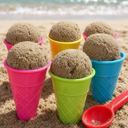 Miniatura 5 de Toyvian 6 piezas de juguetes de arena de conos de helado de plástico para niños, juego de juguetes de arena de helado con cuchara de arena, cuchara