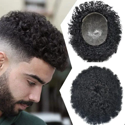 Pelucas negras Afro Toupee de 0.236 pulgadas para hombre, con ondas afro de piel de polietileno, inyección de poliuretano, sistema de reemplazo de