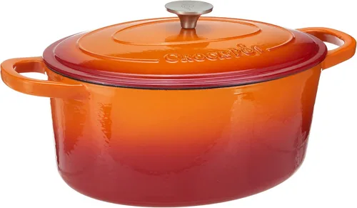 Crock Pot Artisan - Horno Holandés Ovalado de Hierro Fundido Esmaltado de 7 Cuartos - Naranja Atardecer, Utensilios de Cocina Duraderos y Anaranjado