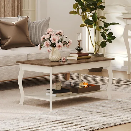 Miniatura 4 de ChooChoo Mesa auxiliar, mesa central rústica con patas curvas y estante de almacenamiento, mesa de centro de 39 pulgadas para sala de estar, blanco