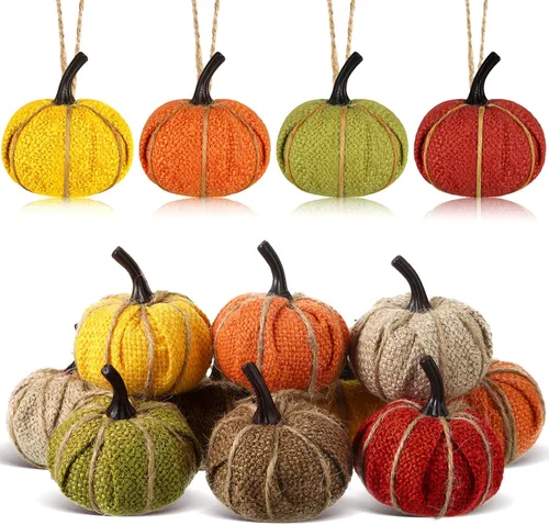 Miniatura 9 de Kajaia 12 piezas de mini adornos colgantes de calabaza de otoño de Acción de Gracias para árbol de 2.05 pulgadas, tela de arpillera, calabaza