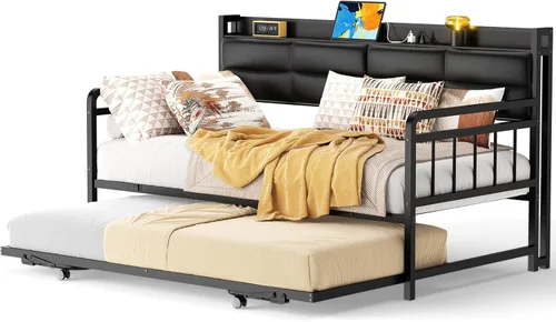 Miniatura 7 de Homieasy Sofá cama con nido, cama individual con cabecera tapizada y estación de carga, marco de sofá cama individual de metal, cama nido Negro