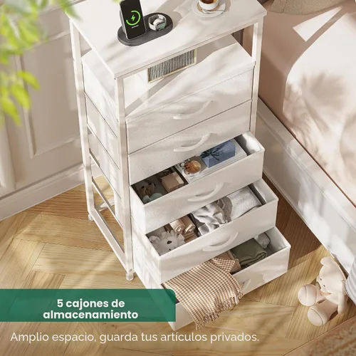 Miniatura 6 de Huuger Cómoda blanca con 5 cajones y estación de carga, cómoda alta para dormitorio, mesita de noche alta con acabado de piel sintética, estante