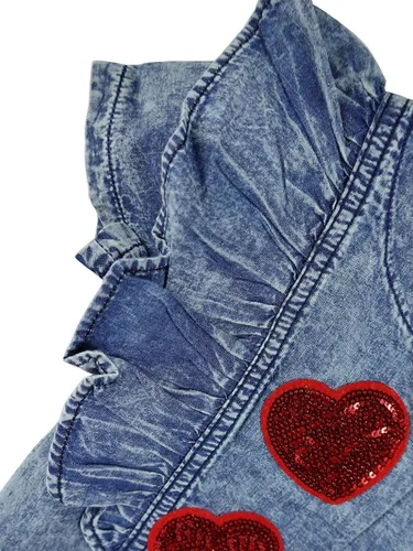 Miniatura 3 de KIDSCOOL SPACE Bebé Niña Corazón Rojo Lentejuelas Decoración Verano Manga Corta Vestido Denim