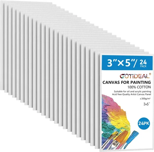 GOTIDEAL Lienzos para Pintura, 3x5 pulgadas paquete de 24, Paneles de Lienzo Plano en Blanco Imprimado Profesional - Tableros de Lienzo de Artista
