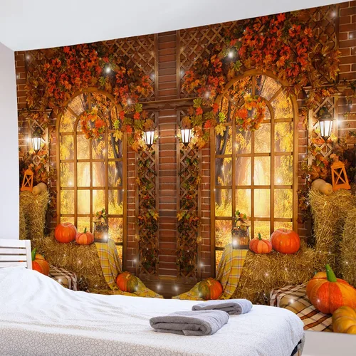 Miniatura 17 de HVEST Tapiz de bosque otoñal para colgar en la pared, hojas de arce naranja y sol, tapiz para colgar en la pared, tapiz de hojas de árbol de otoño