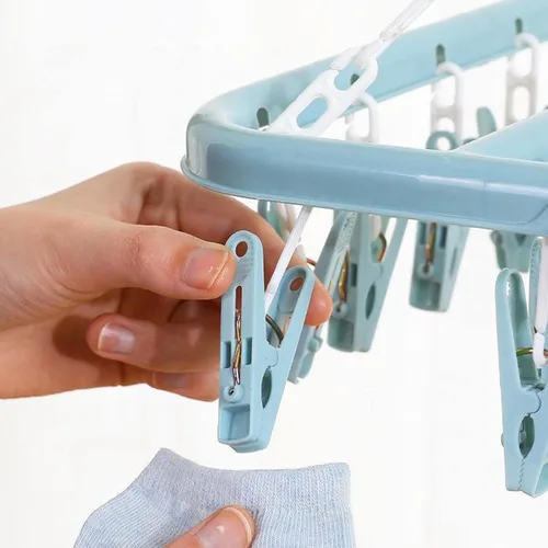 Miniatura 6 de Clip plegable y colgador de goteo, 1/2 piezas de ganchos plegables con 32 clips de secado, estante de secado plegable con 32 clips para secar Azul