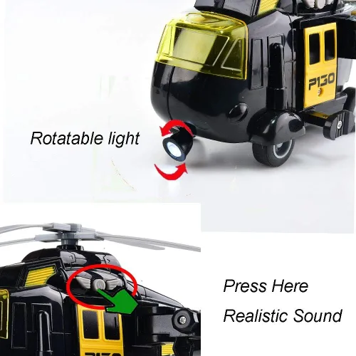 Miniatura 6 de OMGTOY Helicóptero militar, avión de la fuerza aérea de juguete con cesta colgante luces y sonidos para niños (negro)
