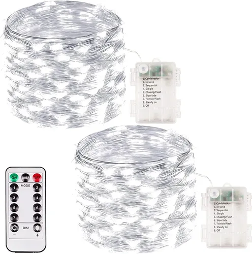 Albelt - Guirnalda de luces a batería con control remoto, 33 pies, 100 LED impermeables con temporizador y 8 modos, para interior y exterior, Blanco