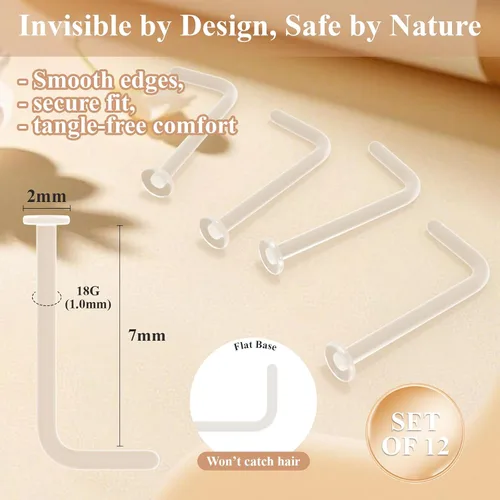 Miniatura 6 de Juego de 12 aretes de nariz transparentes para el trabajo, para mujeres y hombres, 12 piezas de 18G 20G Bioflex de plástico en forma de L, retenedor
