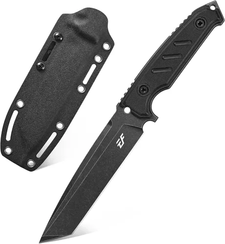 Eafengrow EF129 Cuchillo de hoja fija, hoja tanto de acero DC53, mango G10, cuchillos fijos de espiga completa, cuchillo recto para campamento, Negro