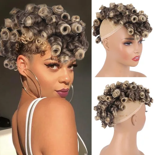 Miniatura 13 de Aisaide Cola de caballo afro Mohawk alta con flequillo sin cordón, extensión de cola de caballo corta rizada sin cordón, clip sintético en moño
